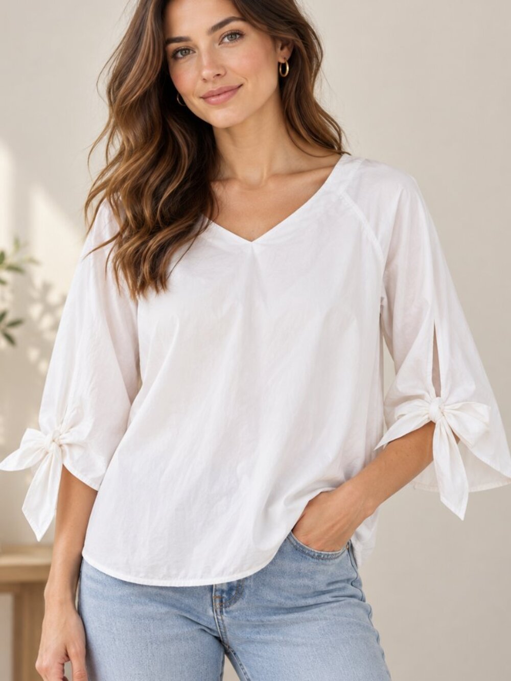 🤍 Weill Paris White Cotton Tie-Sleeve Blouse | Women’s US 6